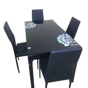 SALLE A MANGER 04 PLACES - Table Vitrée - Chaises cuire tissé -Noir